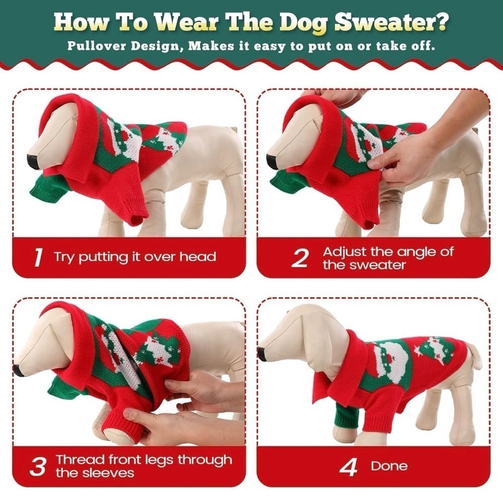 Dog Sweater, Christmas Sweater Warm Winter Plaid Knitwear with Leash Hole - Picture 4 of 7